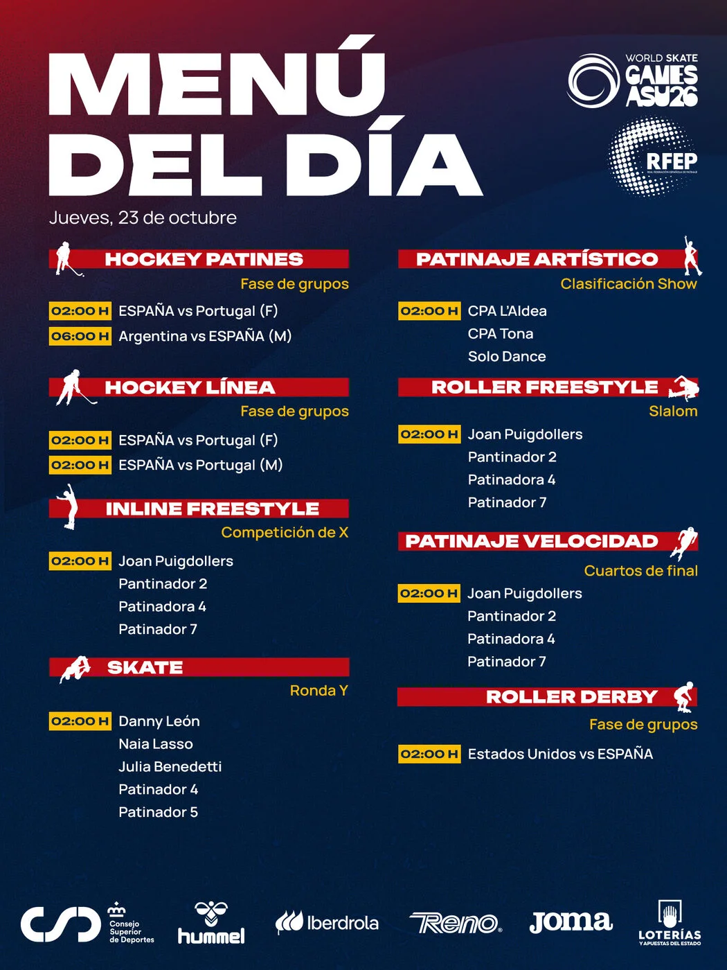 Publicació amb el menú del dia de competicions dels World Skate Games